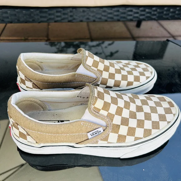Vans Brown and White Checkered Sneakers Slip-On - Picture 2 of 7